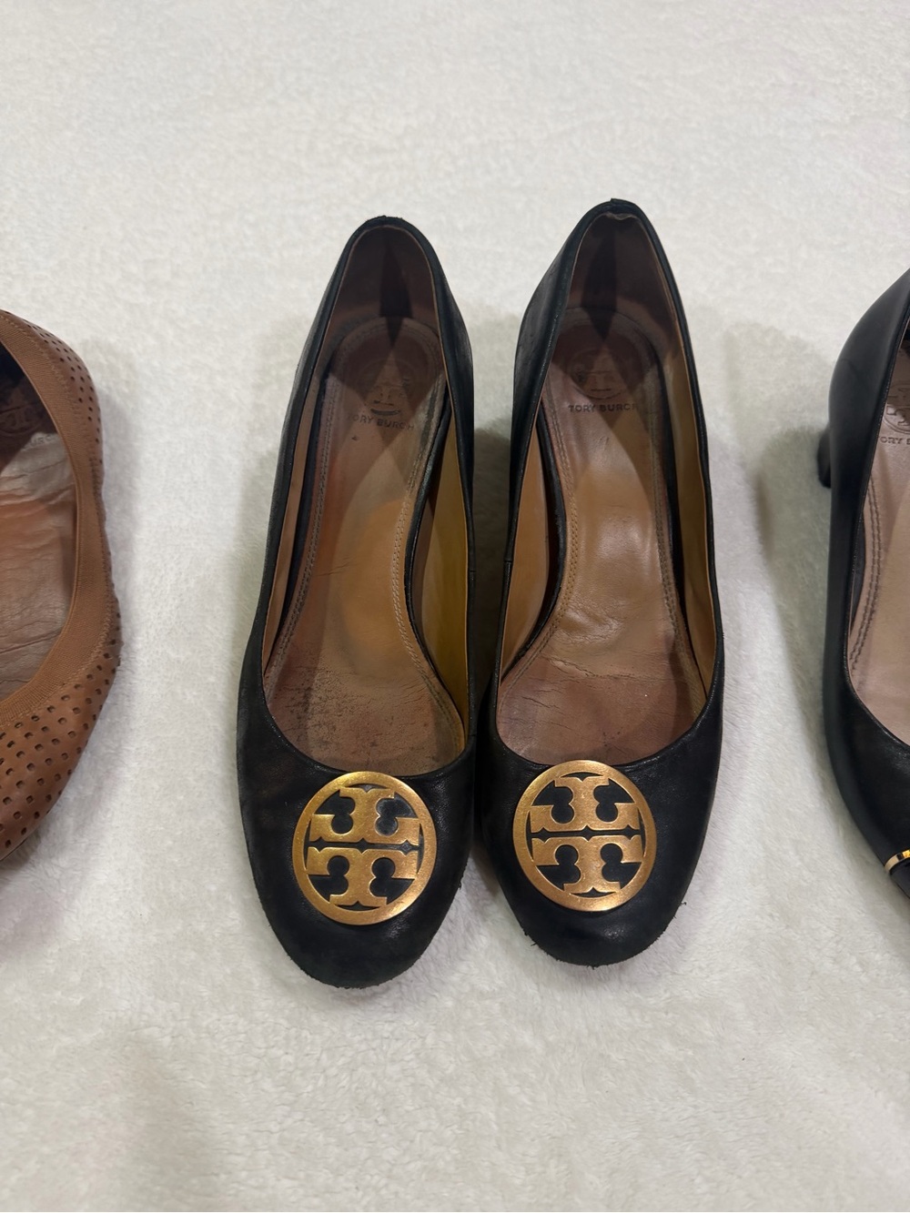 Tory Burch Lot - Three Pairs - 2 Black  Pumps & 1 Brown flats, Gold Logo Emblems